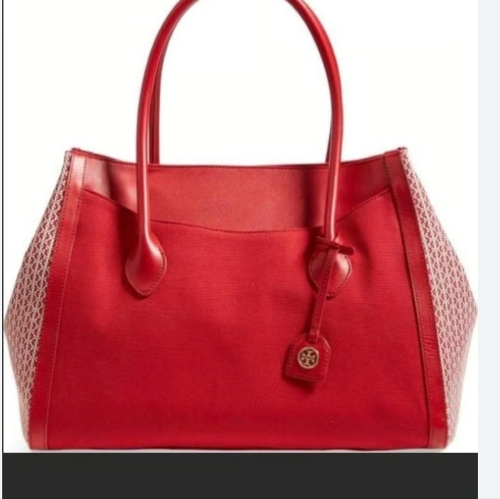 Tory Burch Red Women's Tote BagY with Woven Side Panels O Me
